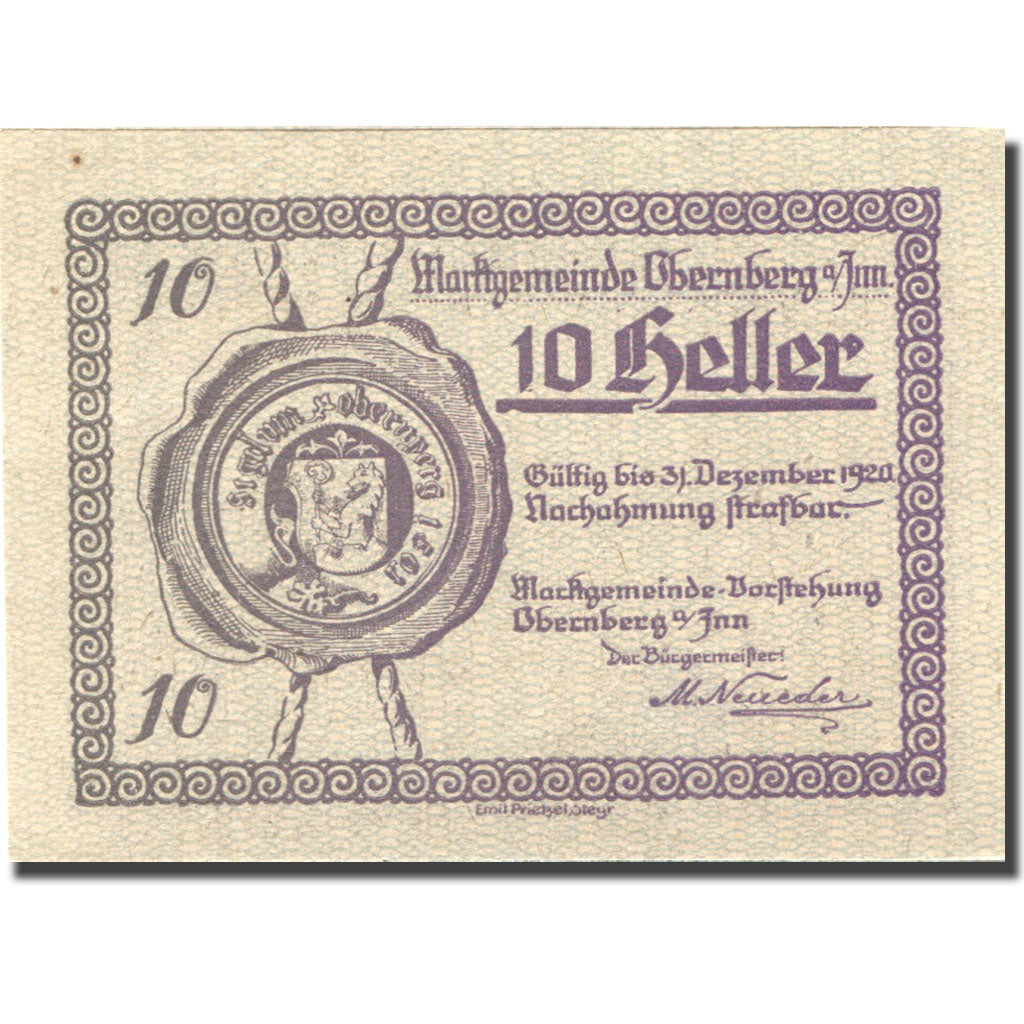 Banknote, Austria, Obernberg, 10 Heller, village, 1920 UNC(63) Mehl:FS 686IIa