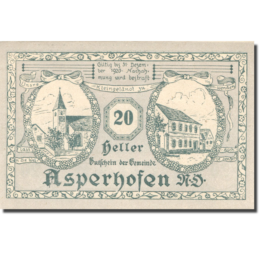 Banknote, Austria, Asperhofen, 20 Heller, Eglise, 1920 UNC(63) Mehl:FS 58a