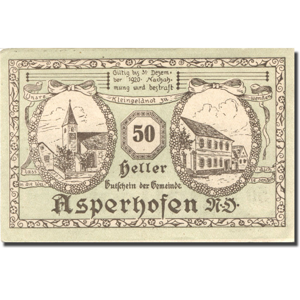 Geldschein, Österreich, Asperhofen, 50 Heller, Eglise, 1920 UNZ- Mehl:FS 58a