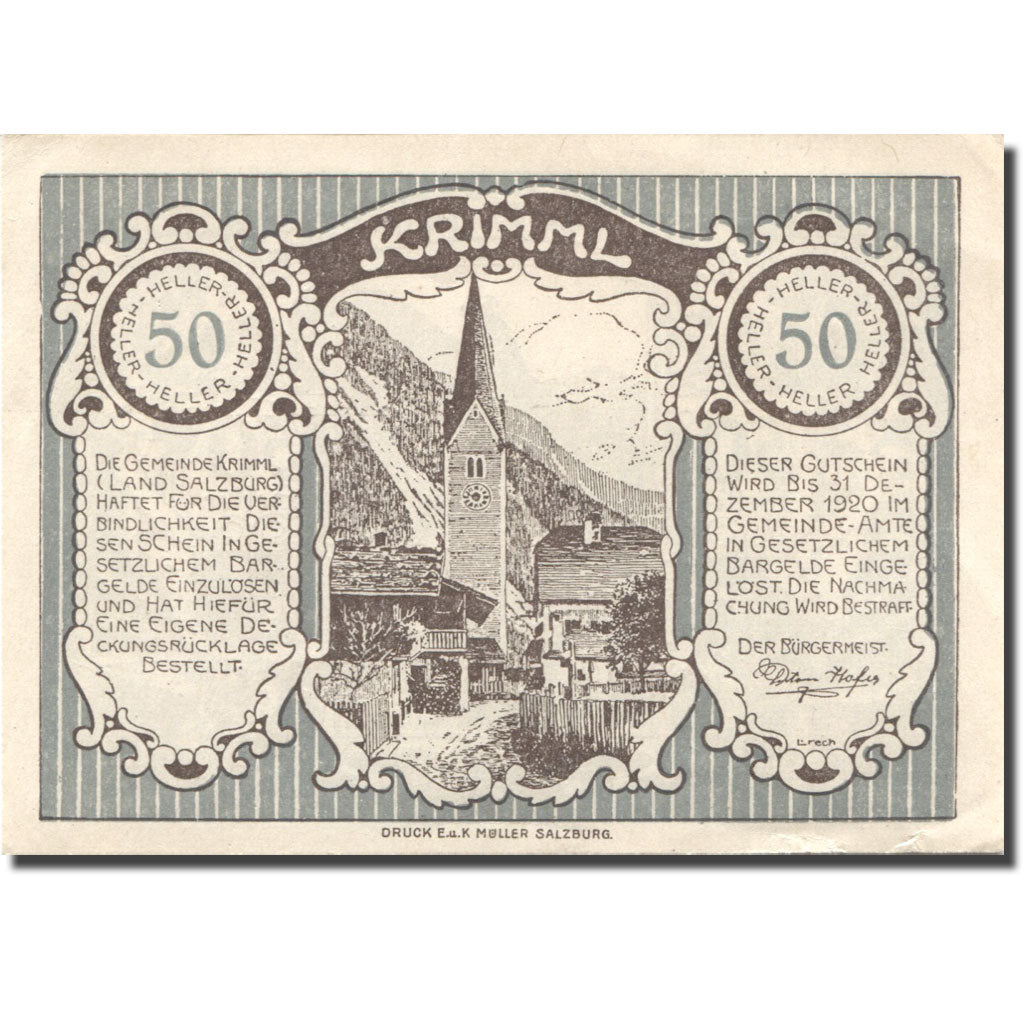 Banknote, Austria, Krimml, 50 Heller, village, 1920 UNC(60-62) Mehl:FS 483a