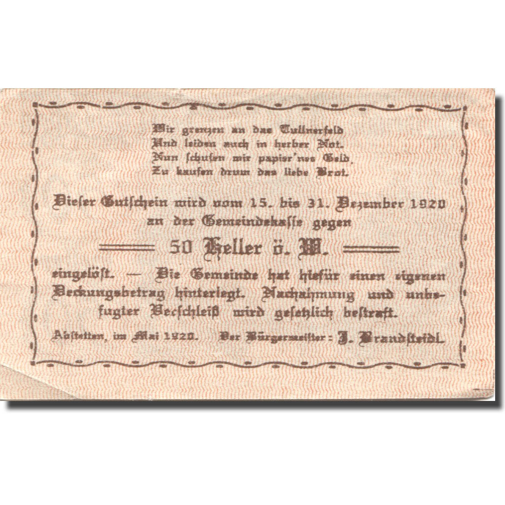 Banknote, Austria, Abstetten, 50 Heller, château, 1920 UNC(63) Mehl:FS 2a
