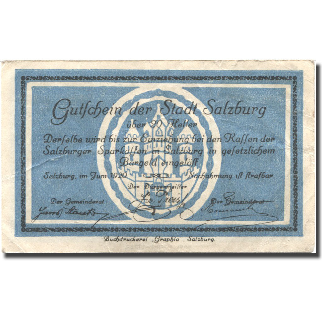 Banknote, Austria, Salzburg, 20 Heller, château, 1920, AU(55-58), Mehl:FS 862a