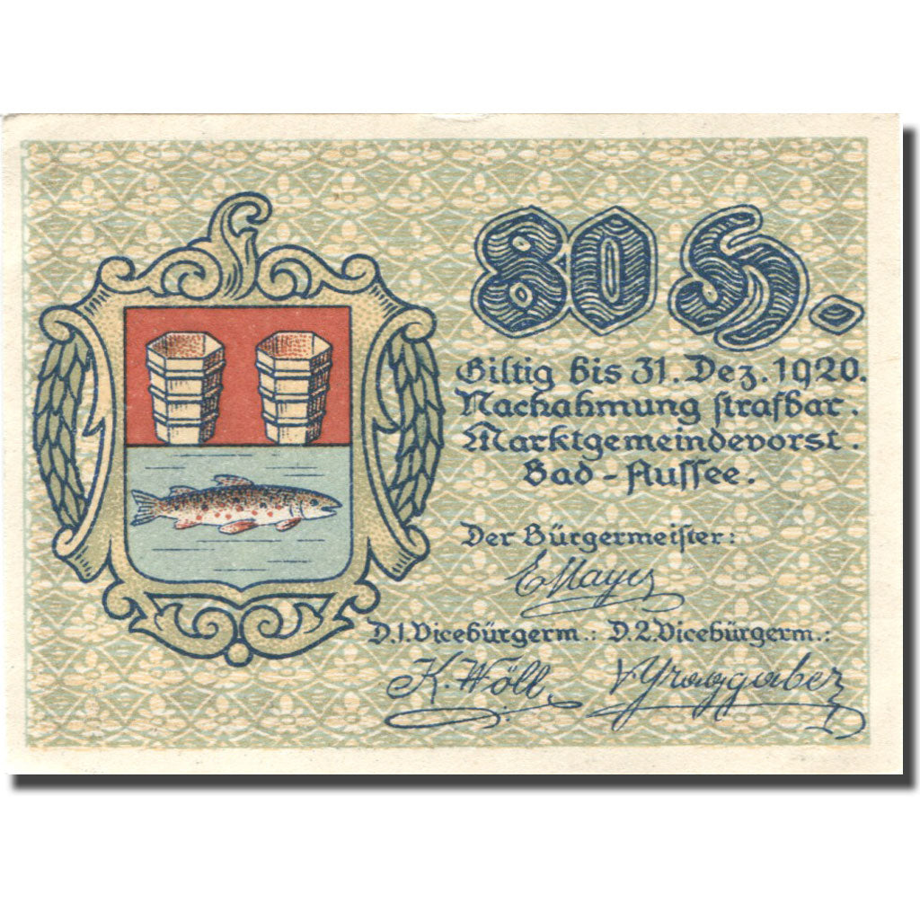 Banknote, Austria, Bad Aussee, 80 Heller, personnage 2, 1920 UNC(63) Mehl:FS 73