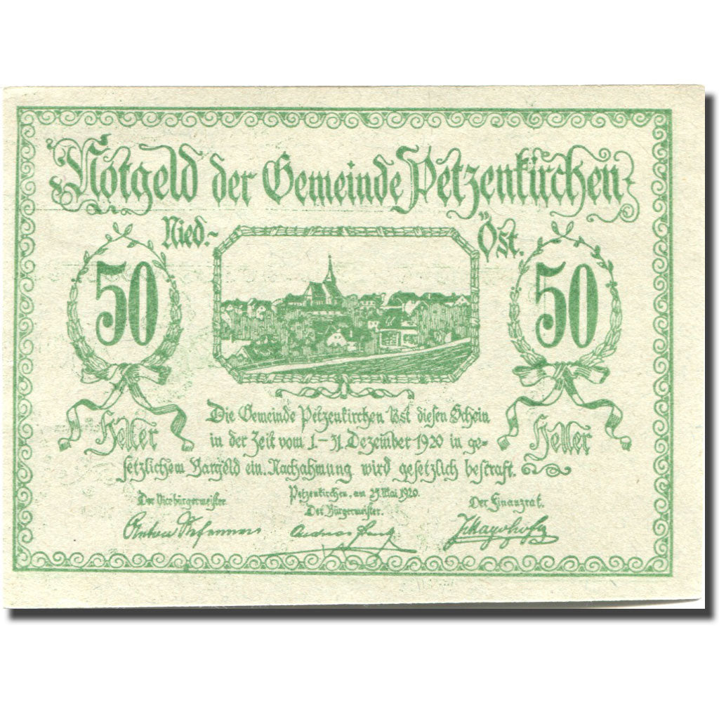 Banknote Austria Petzenkirchen 50Heller village 2 1920 green UNC(63) Mehl:FS740a