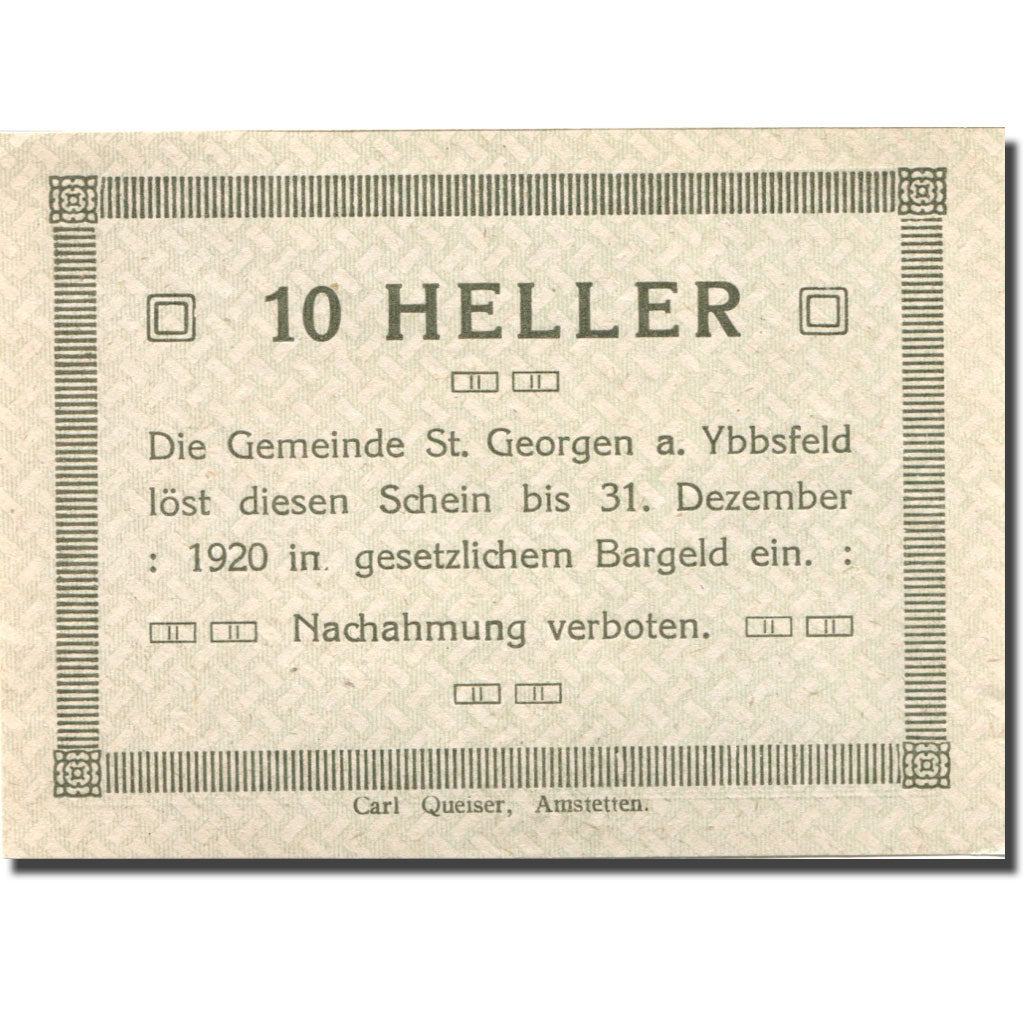 Banconote, Austria, St Georgen, 10 Heller, personnage, 1920 SPL Mehl:FS 885II