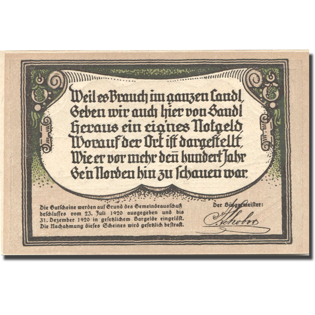 Banknote, Austria, Sandl, 30 Heller, village, 1920 UNC(63), Mehl:FS 874IVb