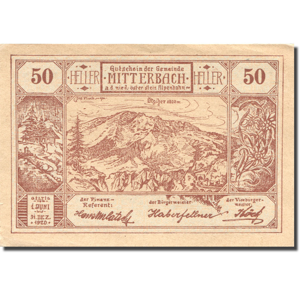 Billet, Autriche, Mitterbach, 50 Heller, montagne, 1920 SUP+ Mehl:FS 618b