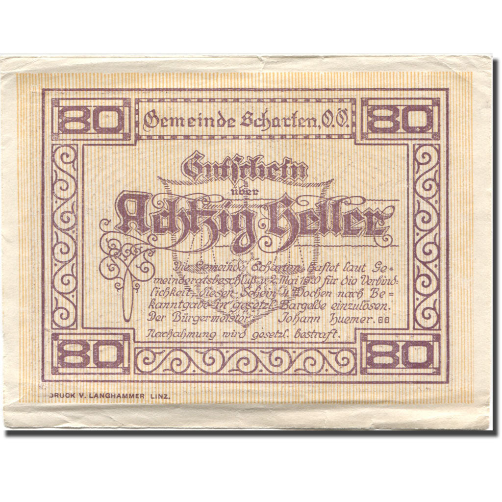 Banconote, Austria, Scharten, 80 Heller, château, 1920, SPL- Mehl:FS 955a