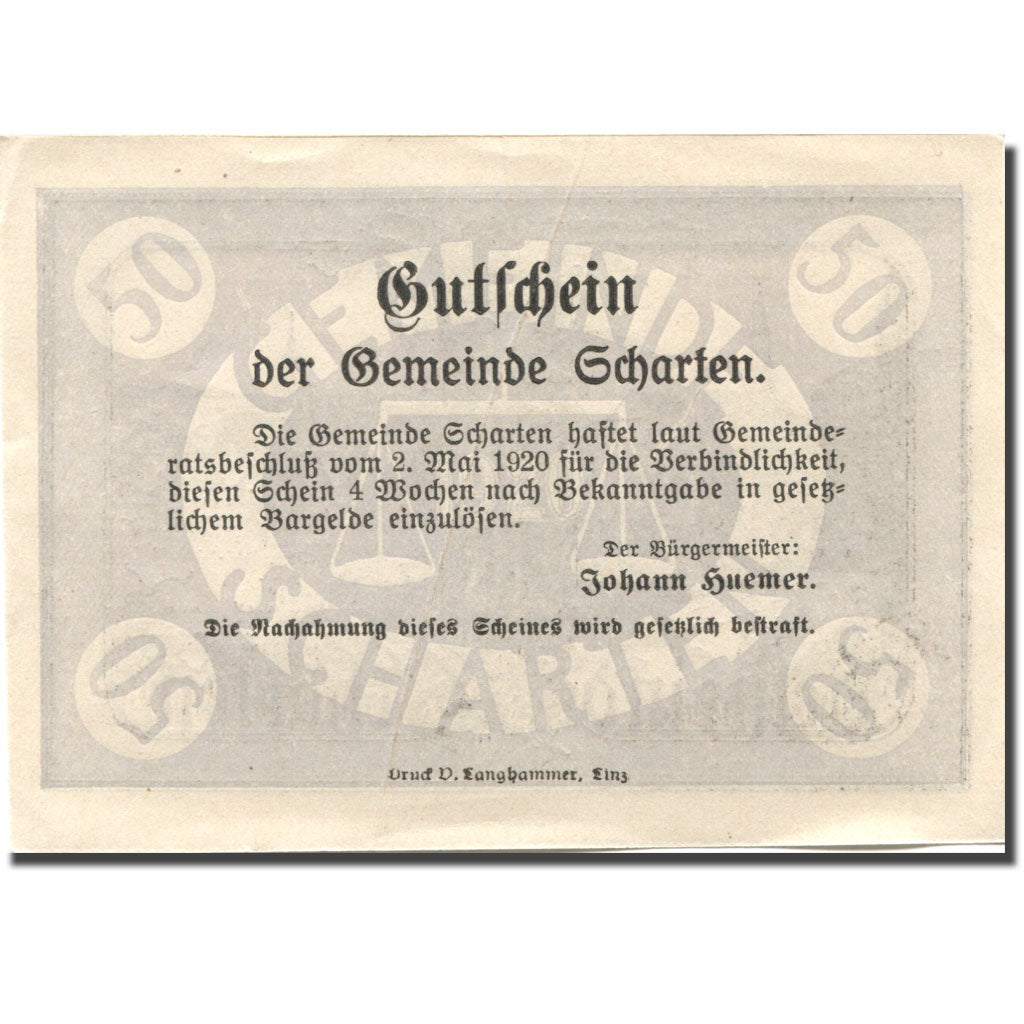 Geldschein, Österreich, Scharten, 50 Heller, village, 1920, VZ Mehl:FS 955f