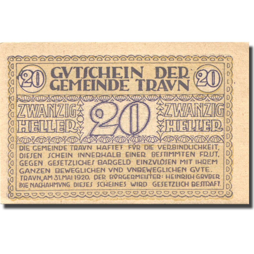 Banconote, Austria, Traun, 20 Heller, valeur faciale, 1920 SPL Mehl:FS 1080