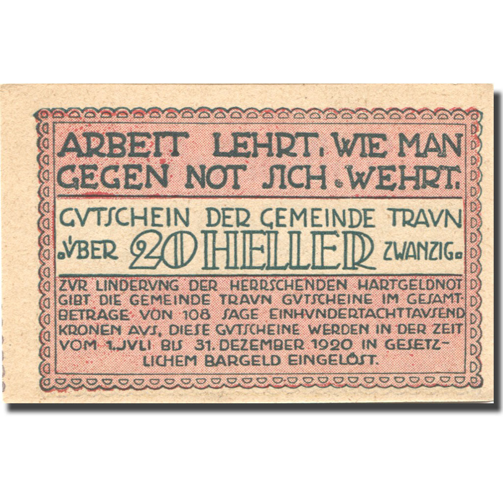 Banconote, Austria, Traun, 20 Heller, valeur faciale, 1920 SPL Mehl:FS 1080