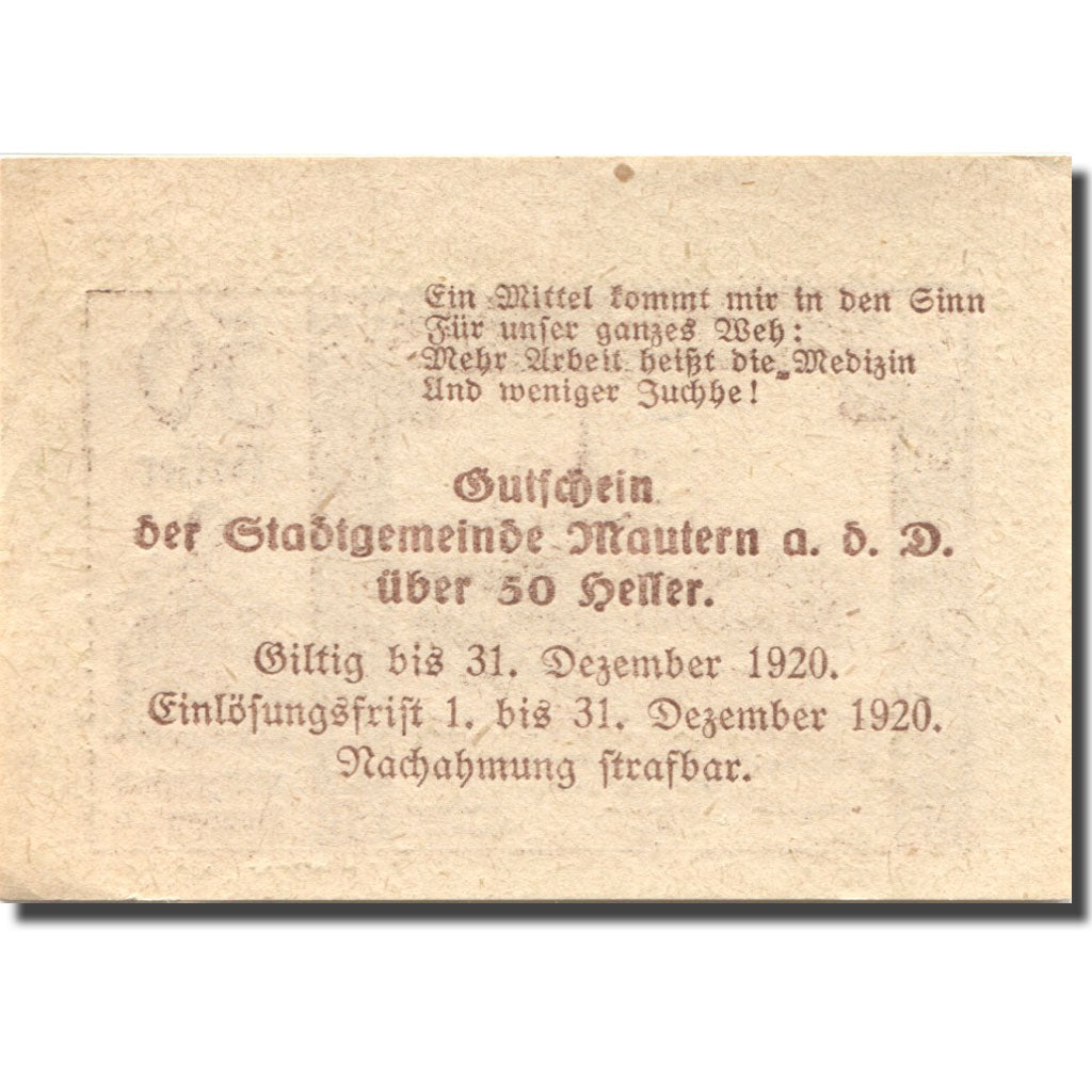 Geldschein, Österreich, Mautern a/d Donau, 50 Heller 1920 UNZ Mehl:FS 600IAa