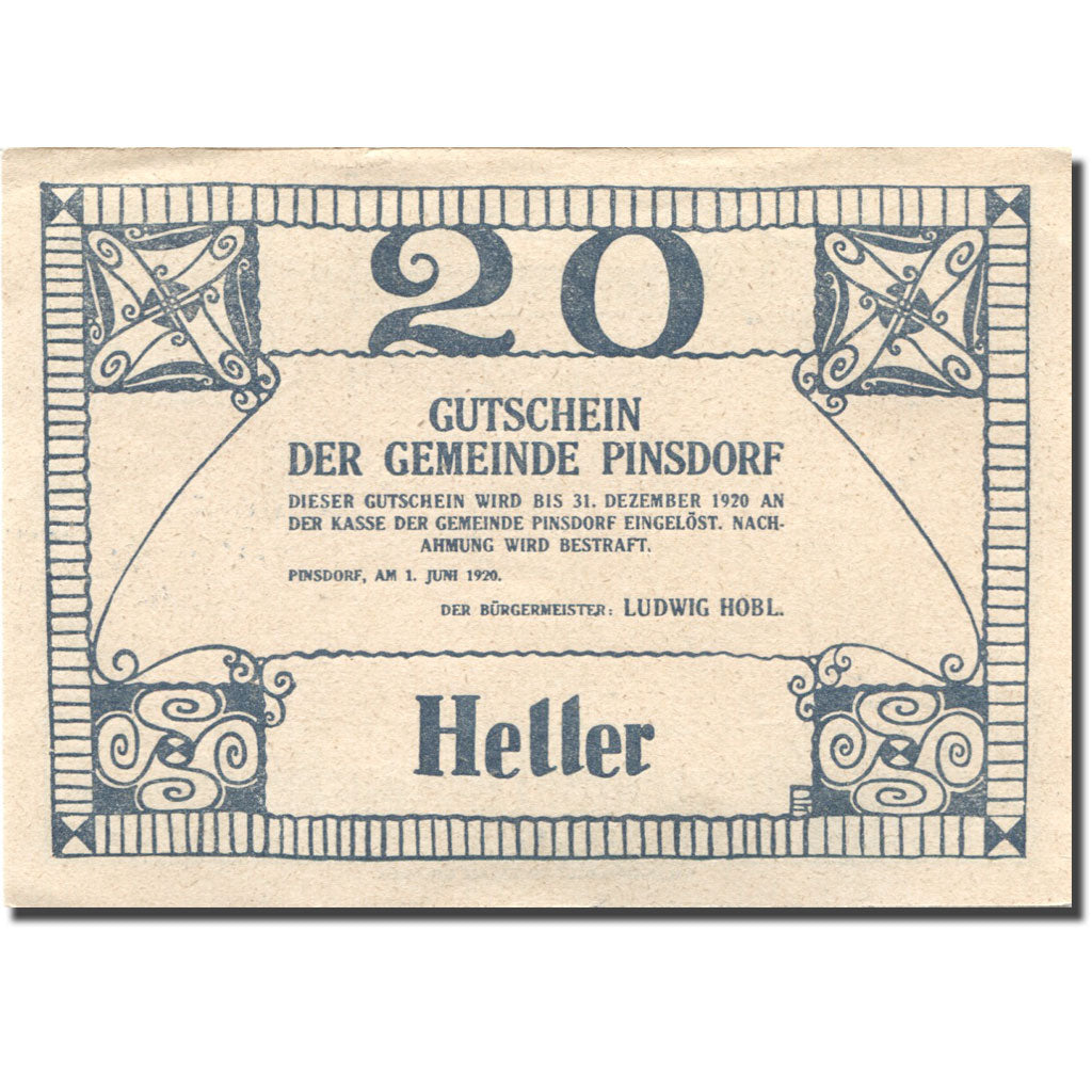 Banknote, Austria, Pinsdorf, 20 Heller, Maison, 1920 UNC(63) Mehl:FS 750