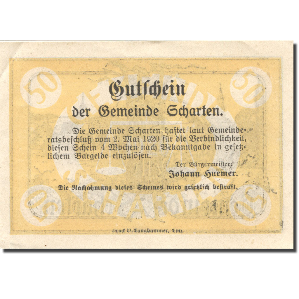 Banconote, Austria, Scharten, 50 Heller, village 1920-05-02, SPL, Mehl:FS 955a
