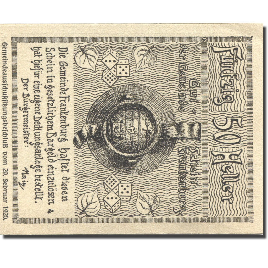 Banknote, Austria, Frankenburg, 50 Heller, personnage 1920 UNC(63) Mehl:FS 206Ic