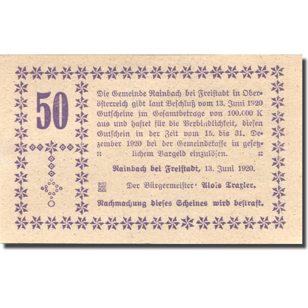 Banknote, Austria, Rainbach, 50 Heller, Forêt, 1920 UNC(63) Mehl:FS 814b