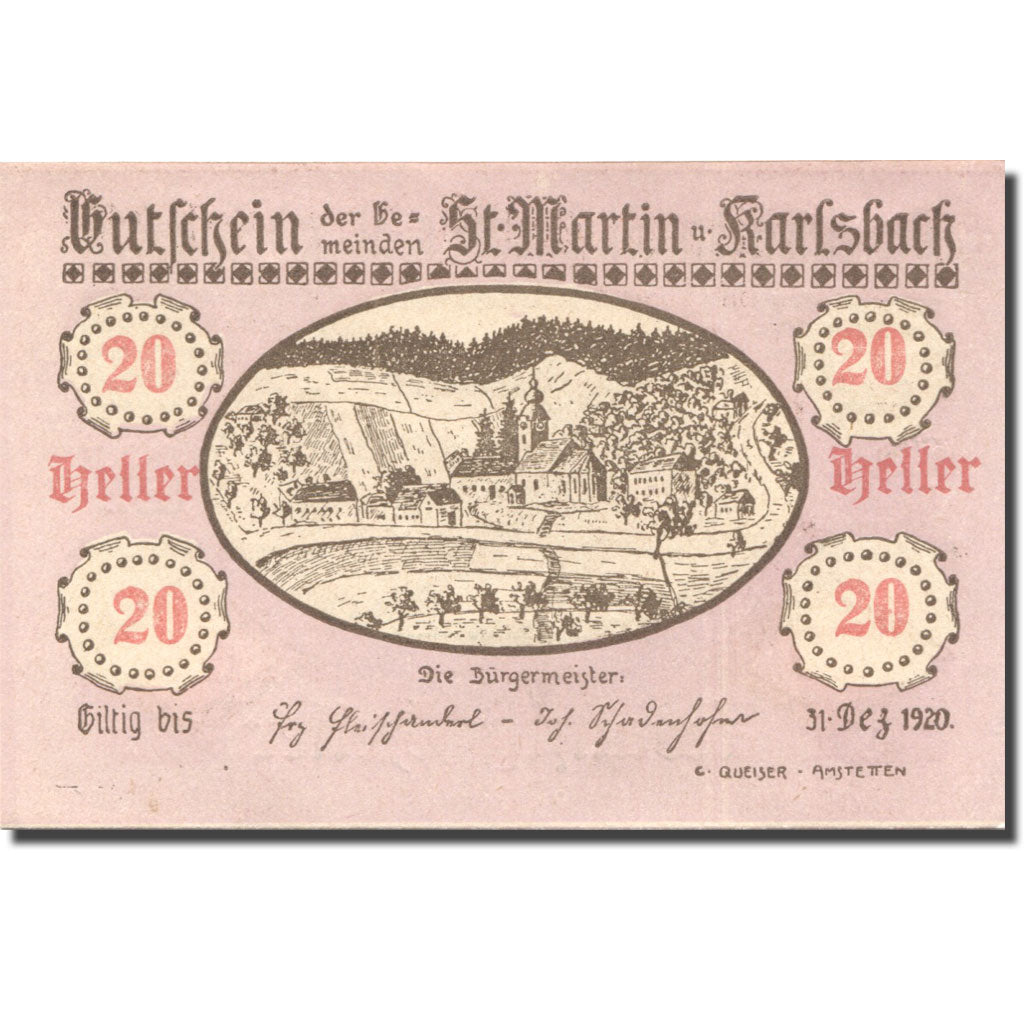 Banknote, Austria, St Martin, 20 Heller, paysage, 1920 UNC(63) Mehl:FS 913a