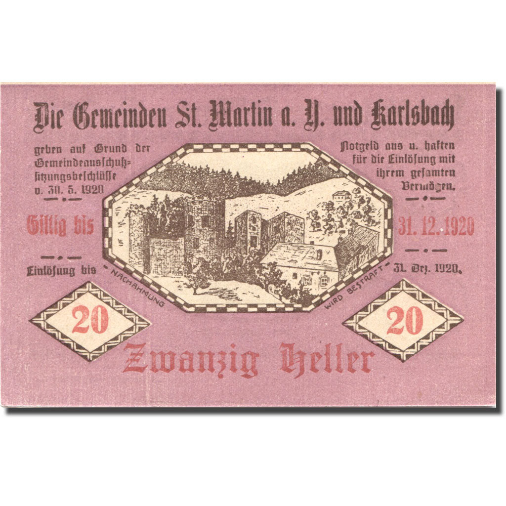 Banknote, Austria, St Martin, 20 Heller, paysage, 1920 UNC(63) Mehl:FS 913a