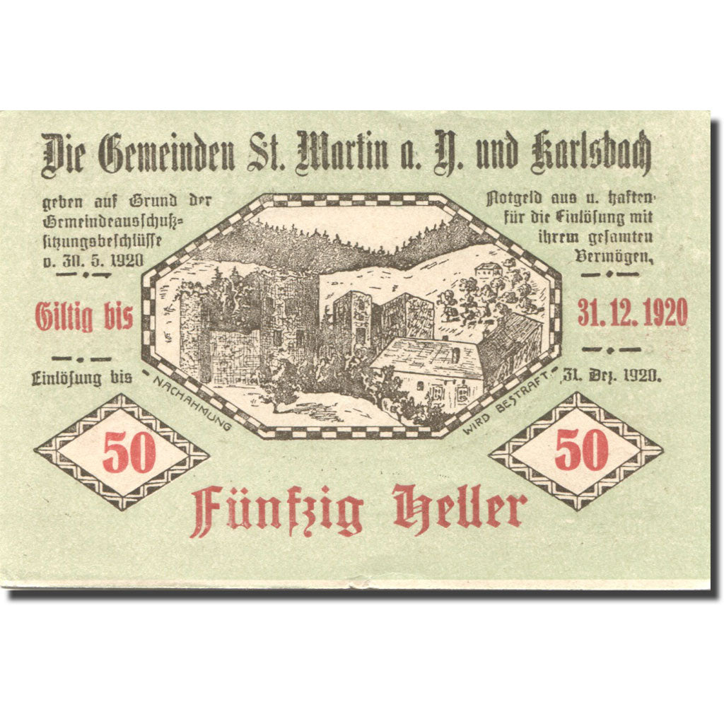 Banknote, Austria, St Martin, 50 Heller, château, 1920 UNC(63) Mehl:FS 913a