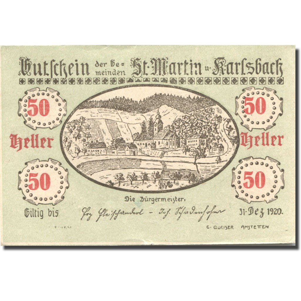 Banknote, Austria, St Martin, 50 Heller, château, 1920 UNC(63) Mehl:FS 913a