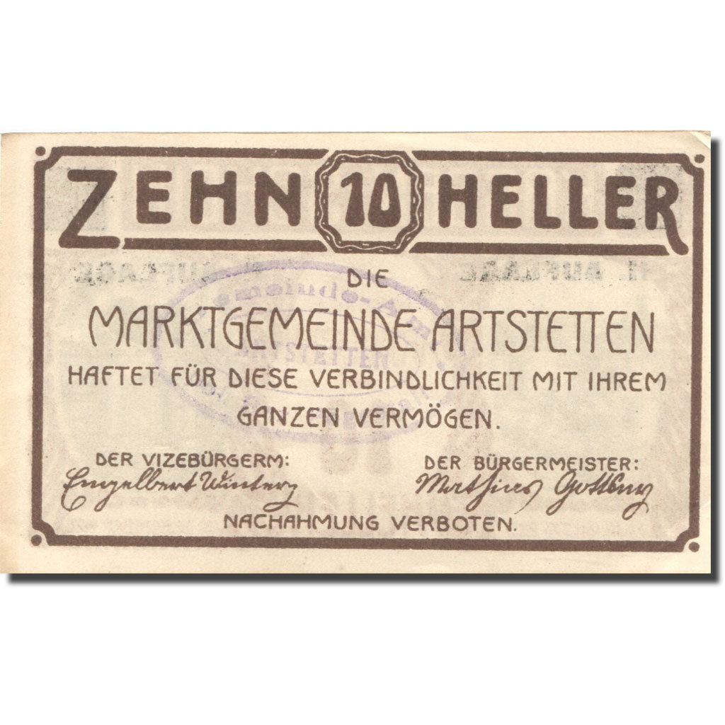 Banknote, Austria Artstetten 10Heller, château 2, 1920 UNC(63) brown Mehl:FS 52a