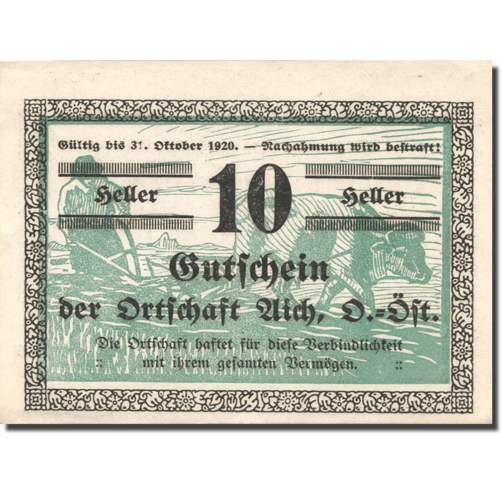 Banknote, Austria, Aich, 10 Heller, agriculteur, 1920 UNC(63) Mehl:FS 10a