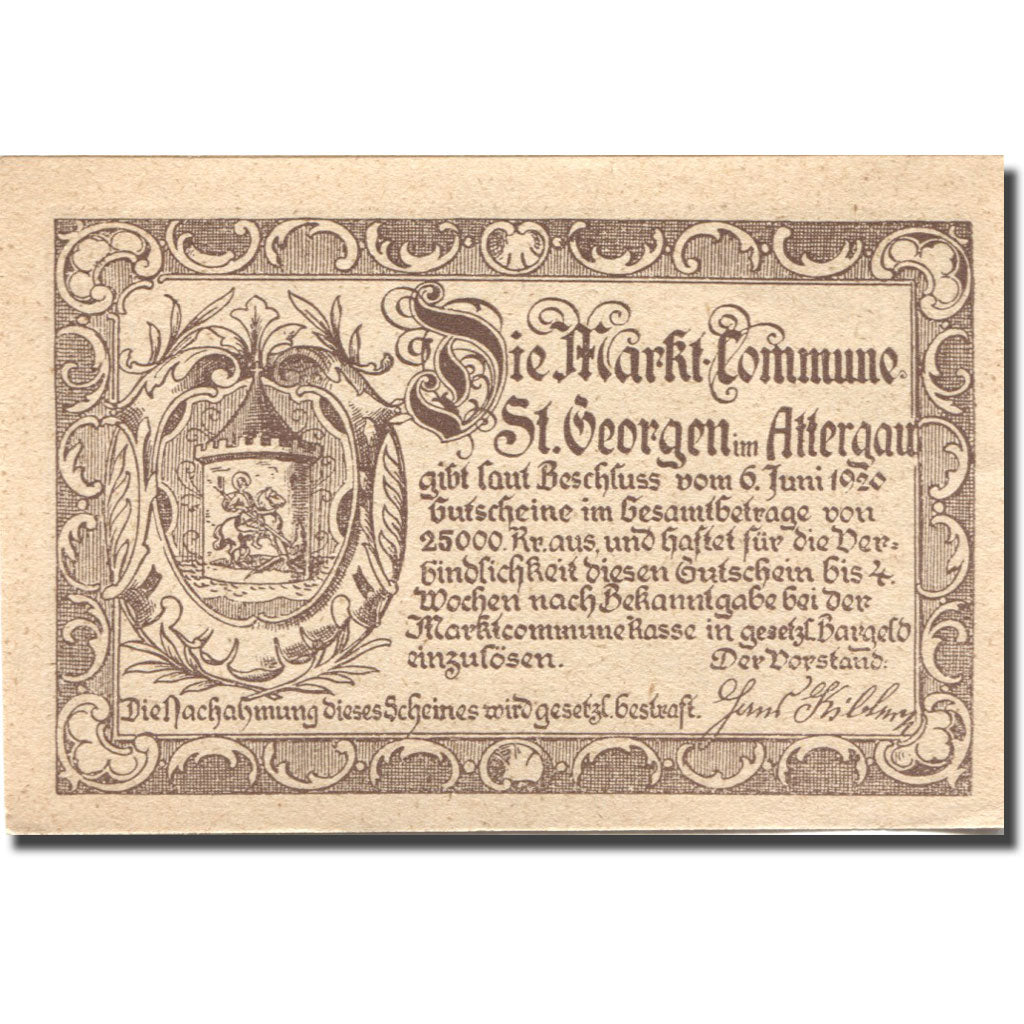 Banconote, Austria, St Georgen, 20 Heller, bûcheron, 1920 SPL  Mehl:FS 889a