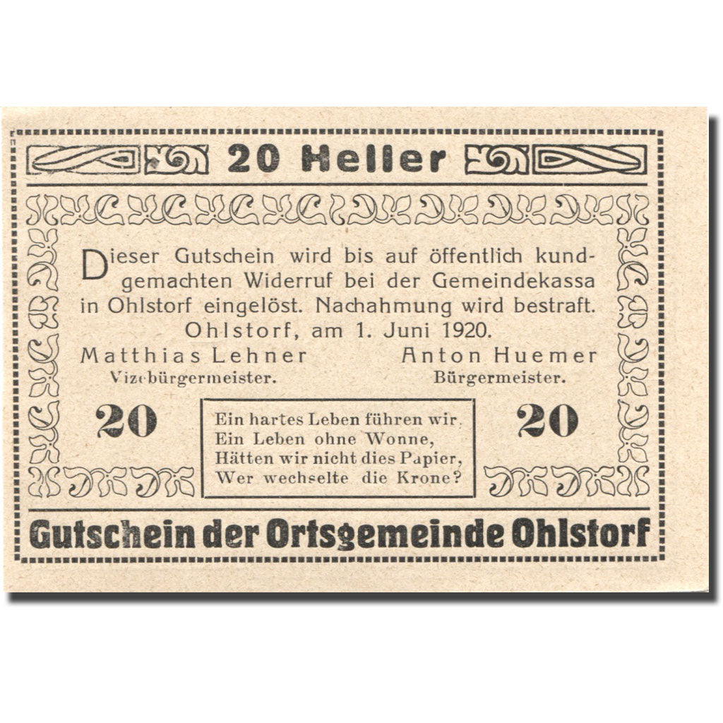 Banknote, Austria, Ohlstorf, 20 Heller, Eglise, 1920 UNC(63) Mehl:FS 708f