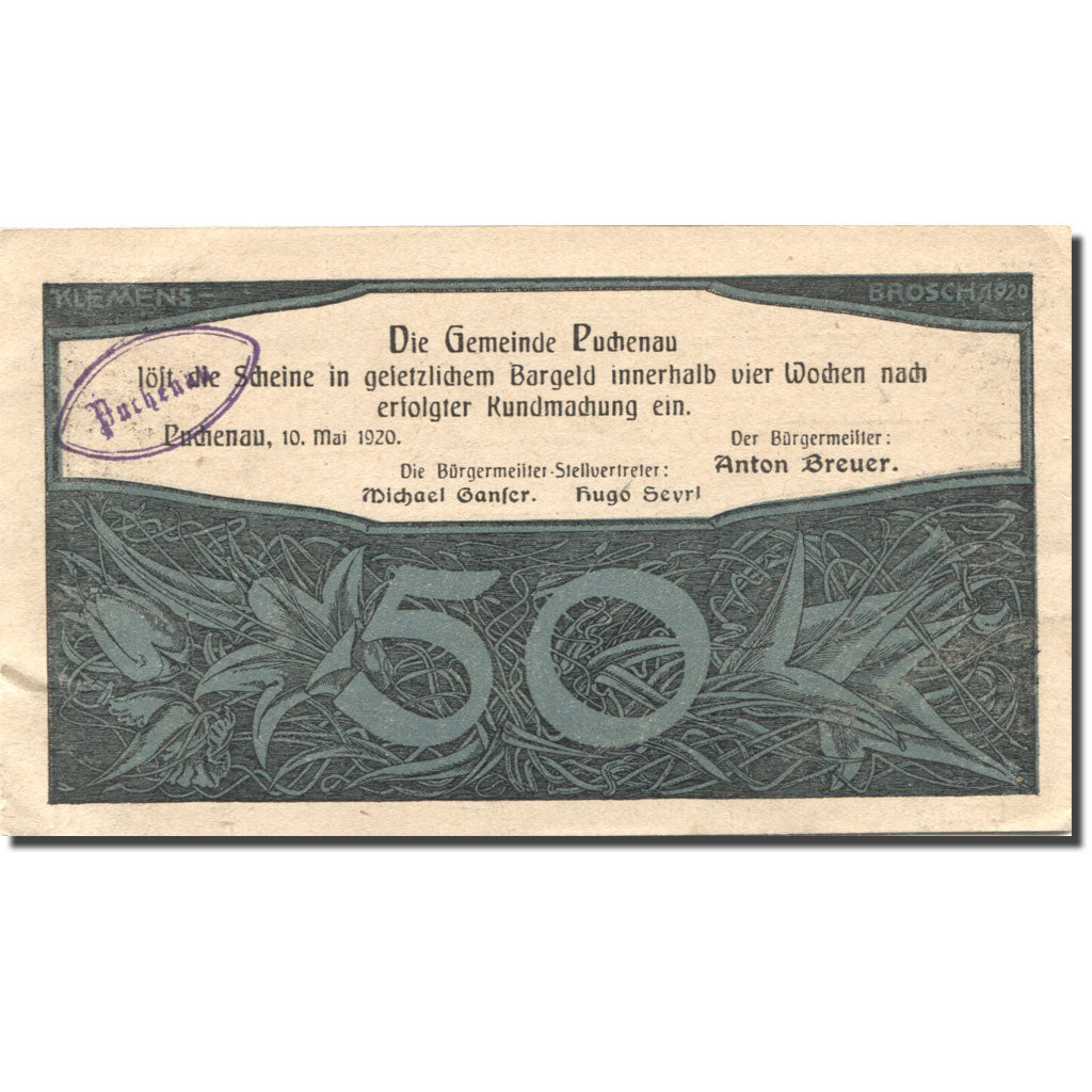 Banknote, Austria, Puchenau, 50 Heller, fleuve, 1920 UNC(60-62) Mehl:FS 788Ib