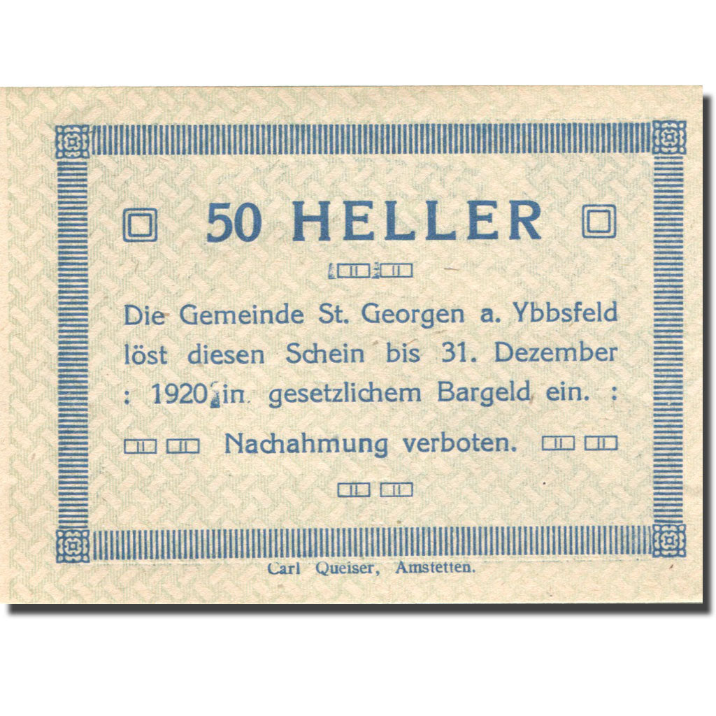 Banconote, Austria, St Georgen, 50 Heller, Monument, 1920 SPL Mehl:FS 885II