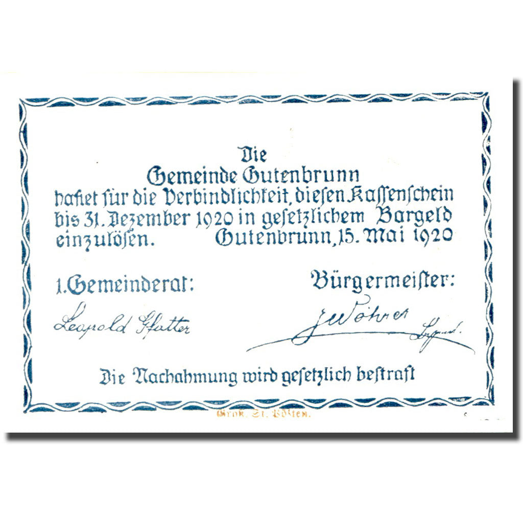 Banconote, Austria, Gutenbrunn, 10 Heller, château, 1920, SPL Mehl:FS 316