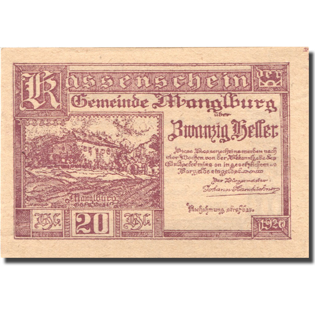 Banknote, Austria, Manglburg, 20 Heller, ferme, 1920 UNC(63) Mehl:FS 288IIIa