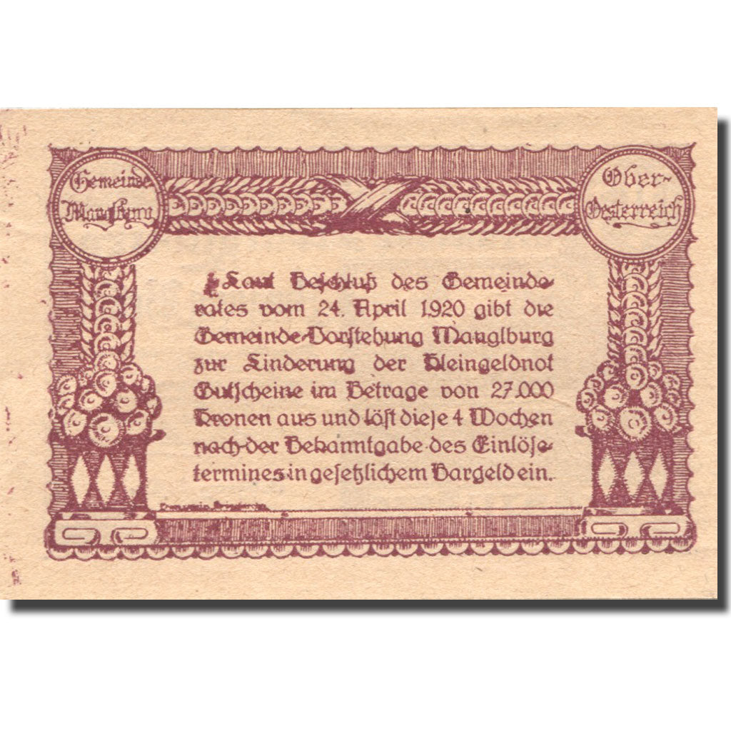 Banknote, Austria, Manglburg, 20 Heller, ferme, 1920 UNC(63) Mehl:FS 288IIIa