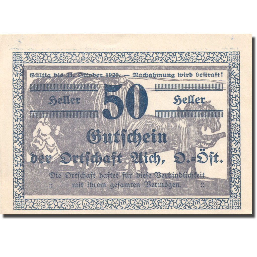 Banknote, Austria, Aich, 50 Heller, agriculteur, 1920 UNC(63) Mehl:FS 10a