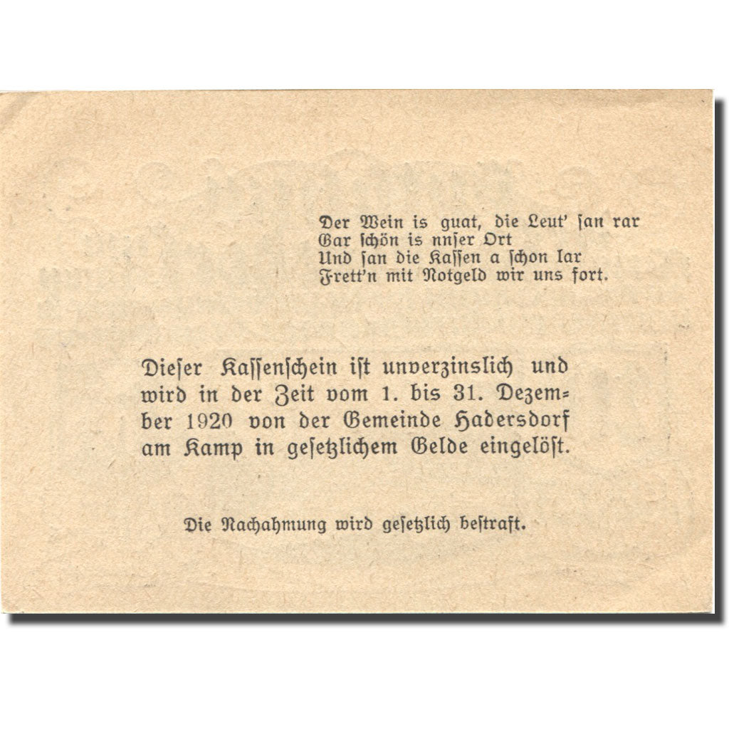 Biljet, Oostenrijk, Hadersdorf, 20 Heller, château 1920-12-31, SPL Mehl:FS 324b