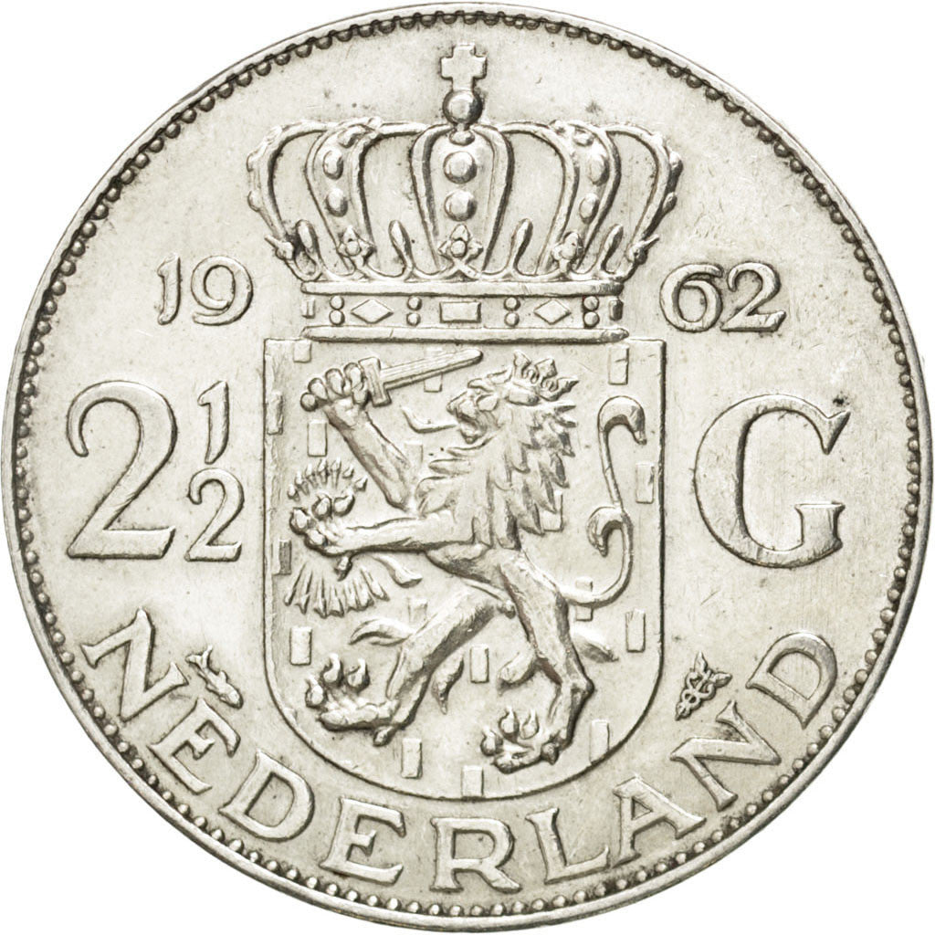 NETHERLANDS, 2-1/2 Gulden, 1962, KM #185, AU(50-53), Silver, 33, 14.99