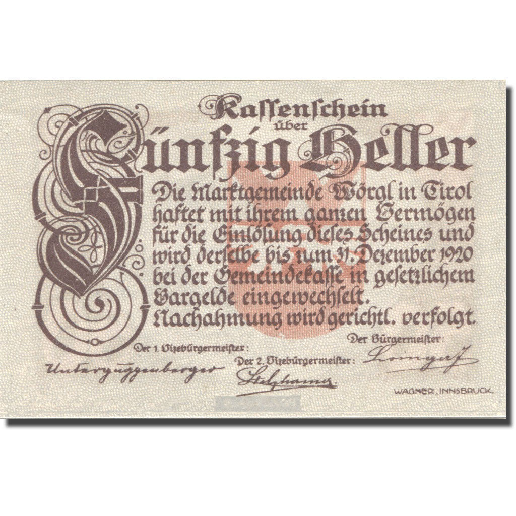 Banknote, Austria, Wörgl, 50 Heller, montagne, 1920 UNC(63) Mehl:FS 1252a