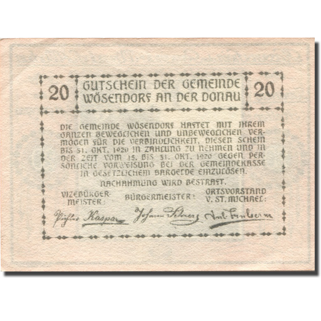 Banconote, Austria, Wösendorf, 20 Heller, château, 1920 SPL Mehl:FS 1255a
