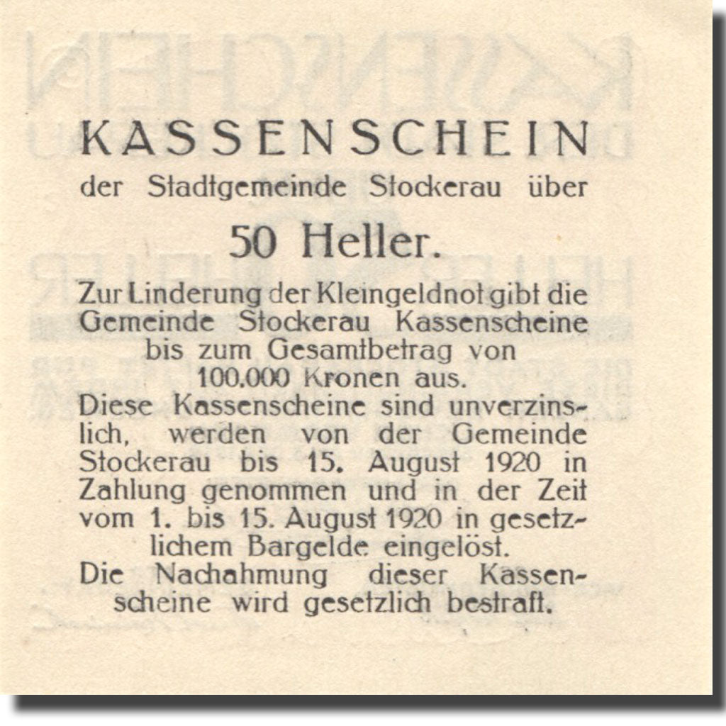 Banknote, Austria, Stockerau 50 Heller valeur faciale, 1920 UNC(63) Mehl:FS 1038
