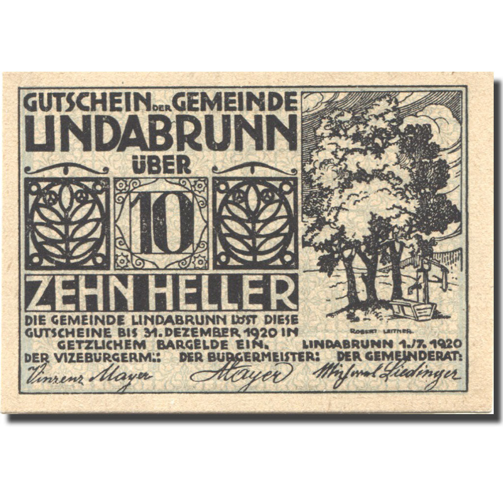Banknote, Austria, Lindabrunn, 10 Heller, arbre, 1920 UNC(63) Mehl:FS 527a