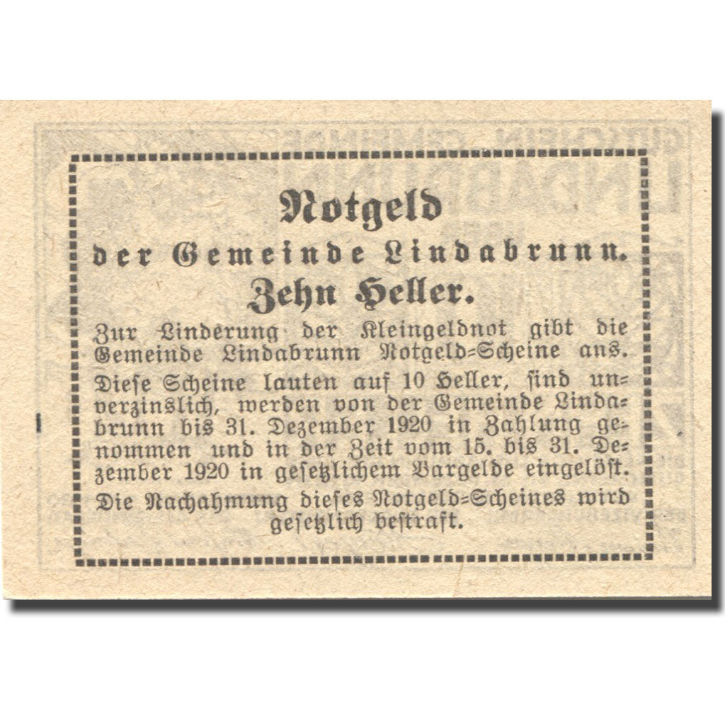 Banknote, Austria, Lindabrunn, 10 Heller, arbre, 1920 UNC(63) Mehl:FS 527a