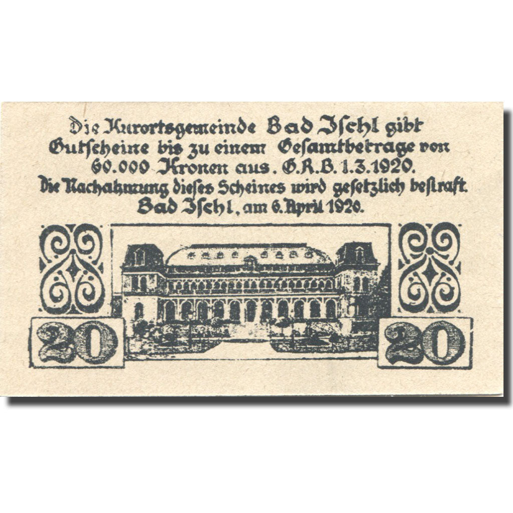 Banknote, Austria, Bad Ischl, 20 Heller, château, 1920 UNC(63) Mehl:FS 77c