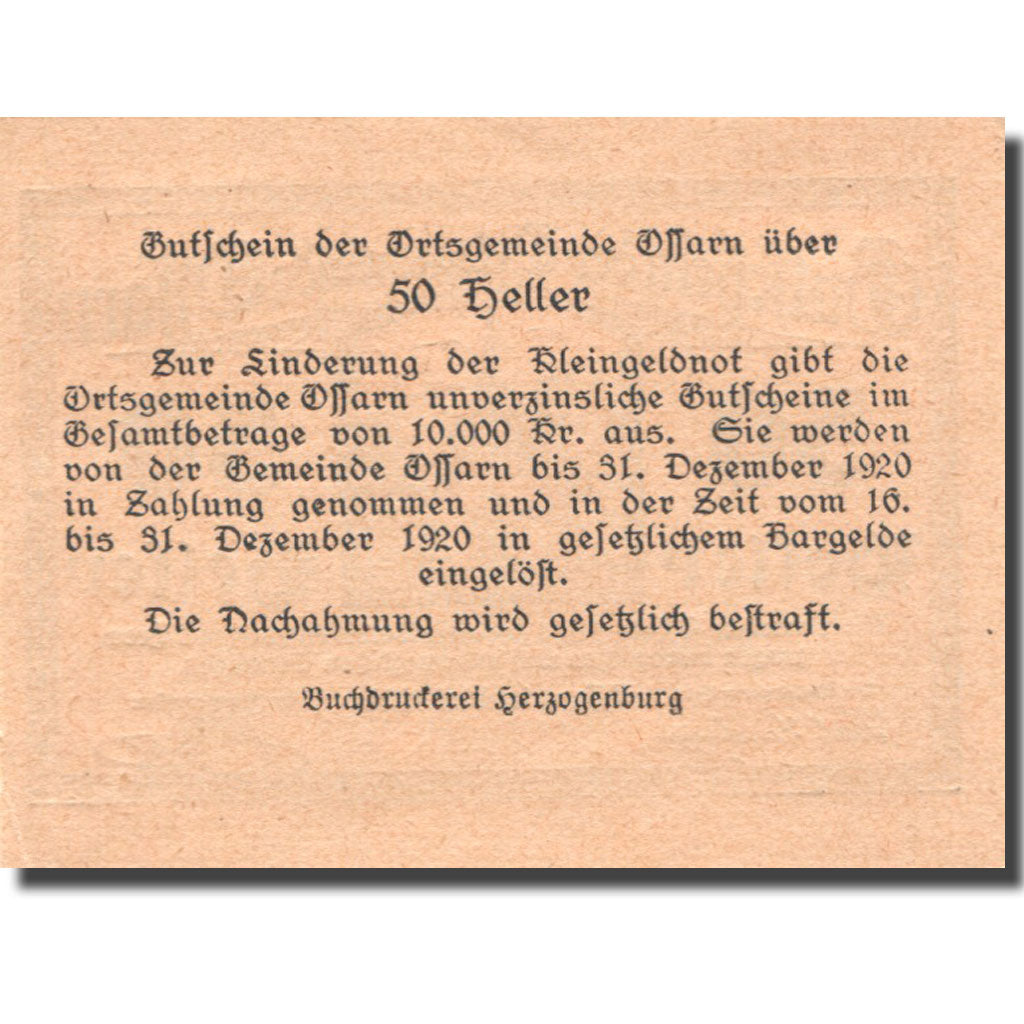 Banknote, Austria, Ossarn, 50 Heller, château, 1920 UNC(63) Mehl:FS 712a3