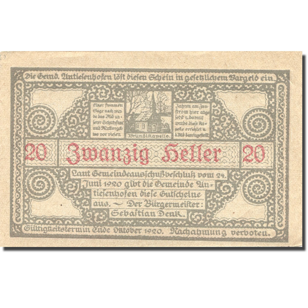 Banknote, Austria, Antiesenhofen, 20 Heller, Eglise, 1920 UNC(63) Mehl:FS 47