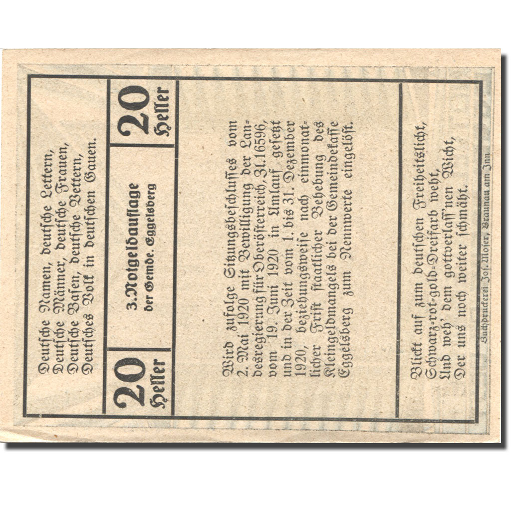Banknote, Austria, Eggelsberg, 20 Heller, Eglise, 1920 UNC(63) Mehl:FS 160IIa