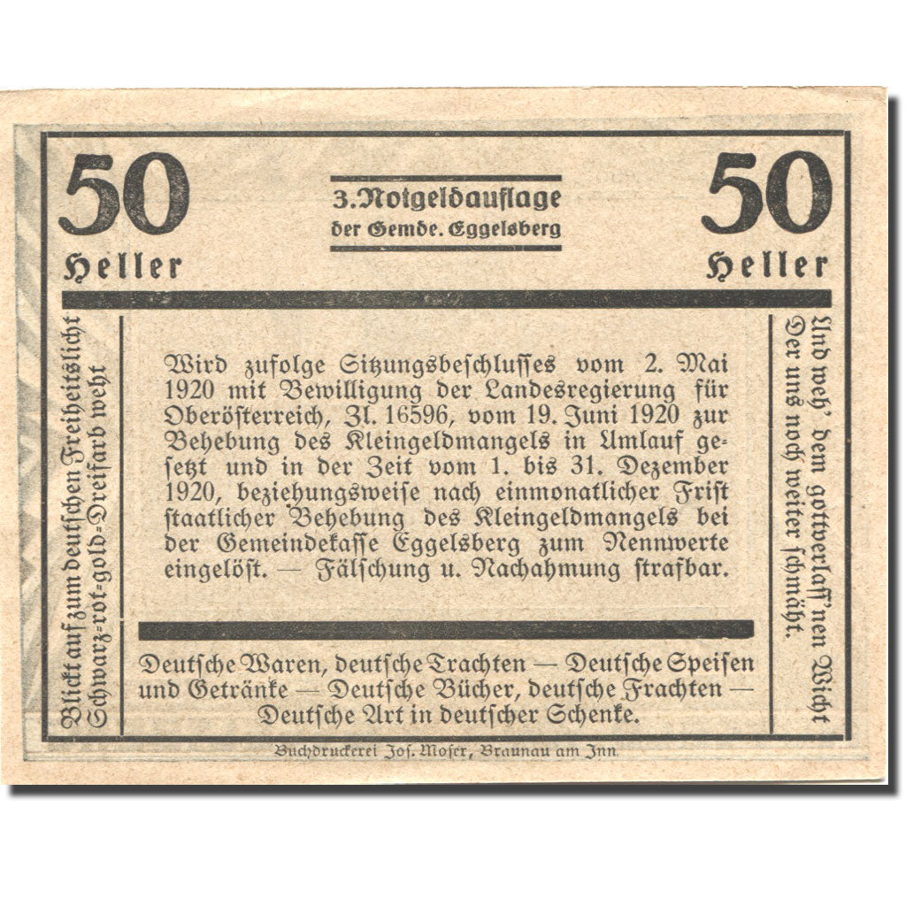 Banknote, Austria, Eggelsberg, 50 Heller, eglise 2, 1920 UNC(63) Mehl:FS 160IIa