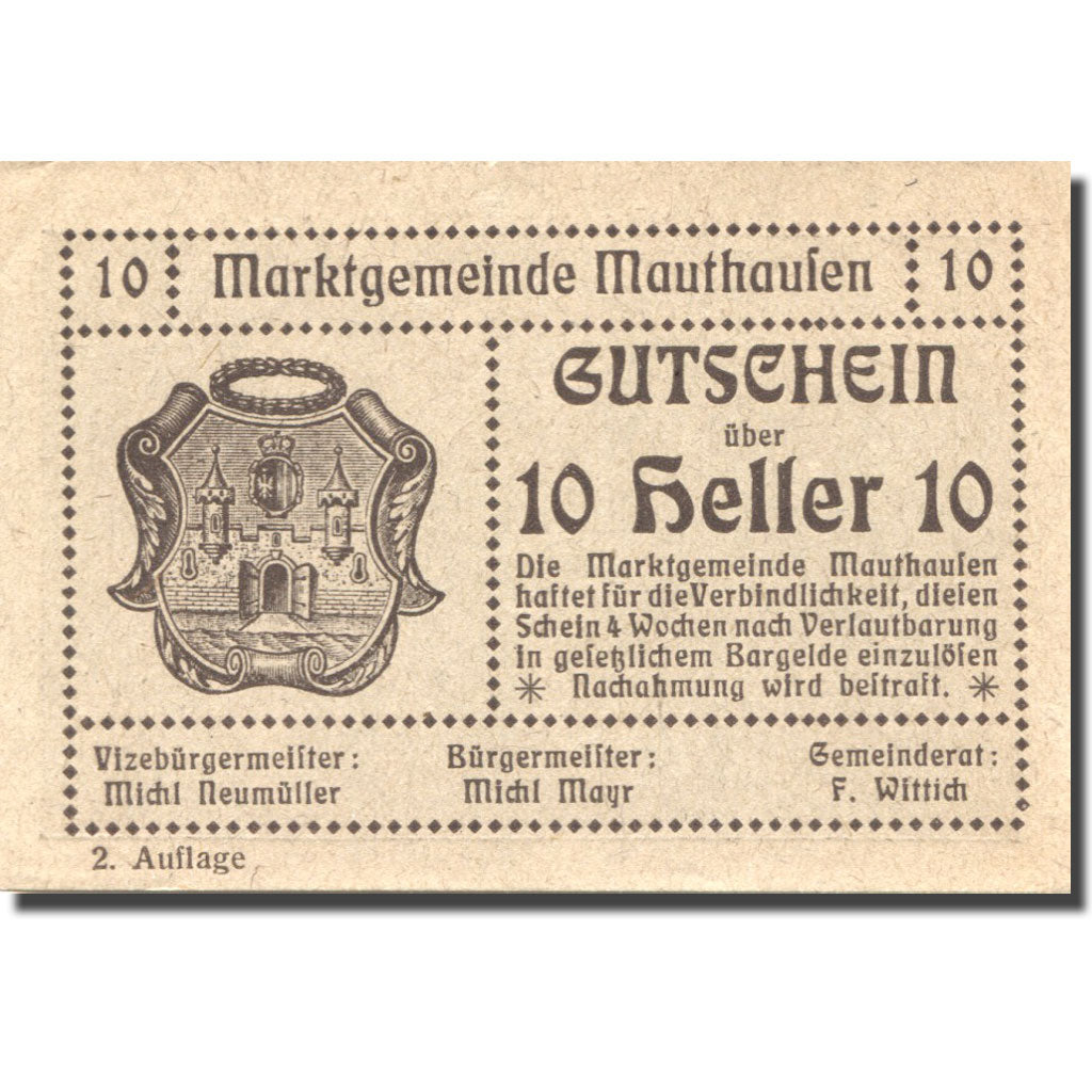 Banknote, Austria, Mauthausen, 10 Heller, Blason, UNC(63), Mehl:FS 601IIa