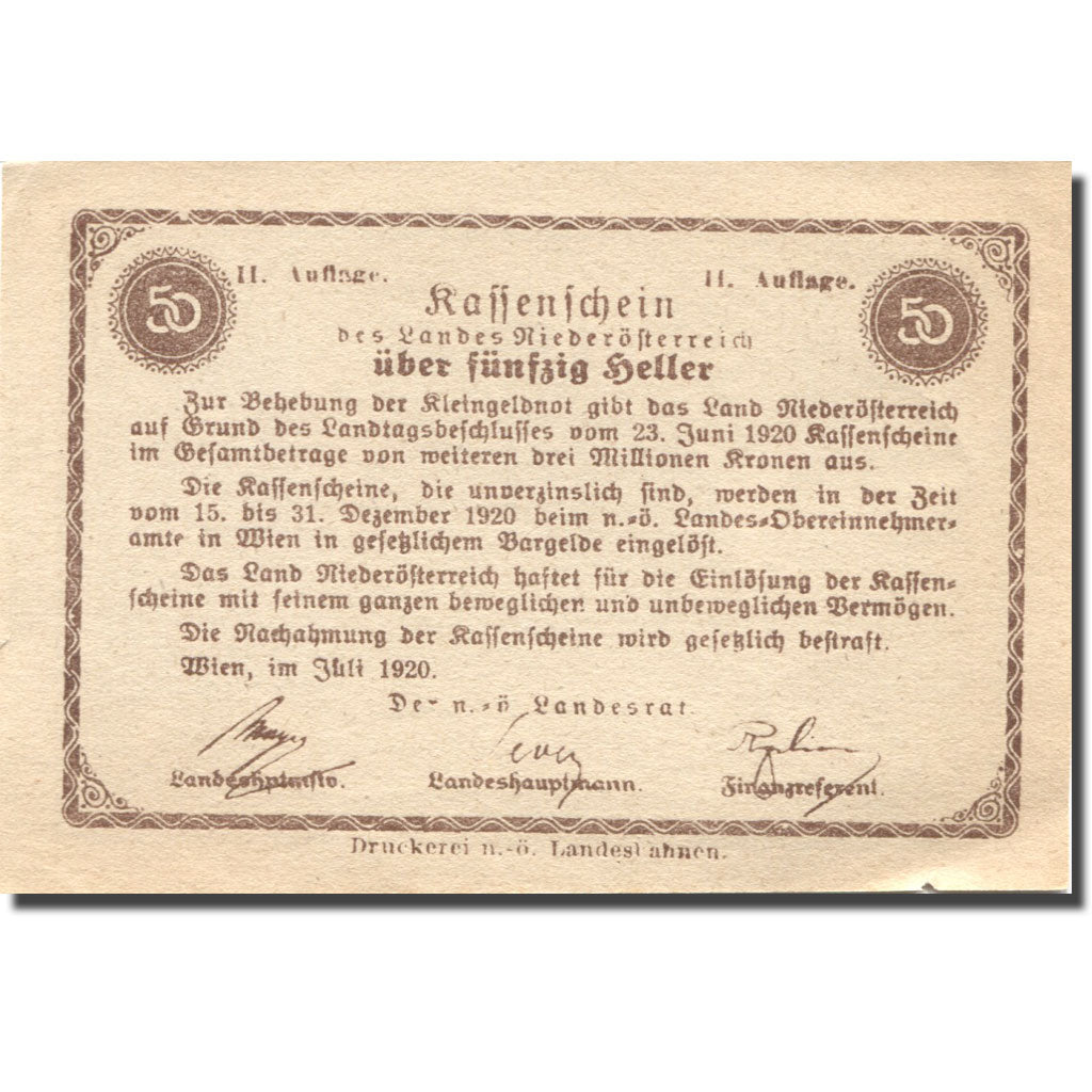 Banconote, Austria, Niederösterreich, 50 Heller, château 1920 SPL Mehl:FS 671IIa