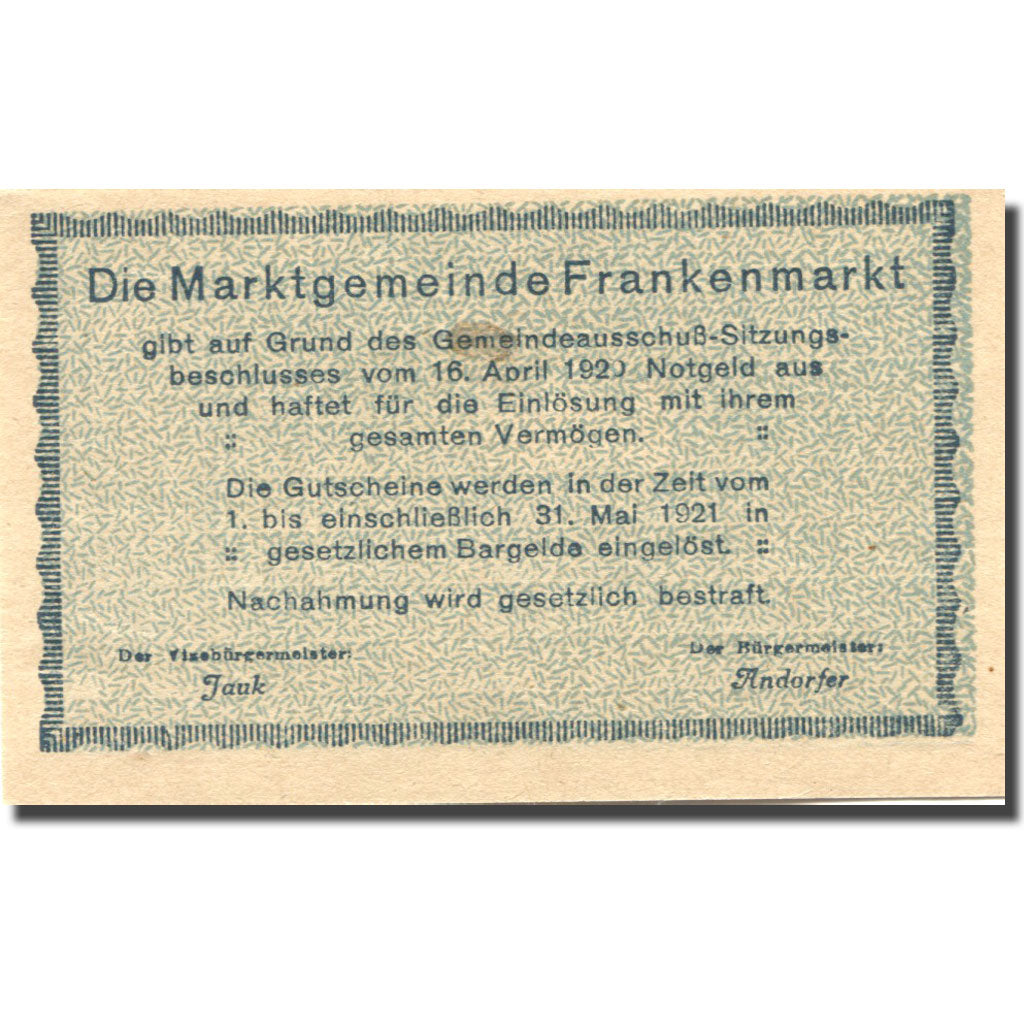 Banknote, Austria, Frankenmarkt, 10 Heller, village, 1921 UNC(63) Mehl:FS 209a
