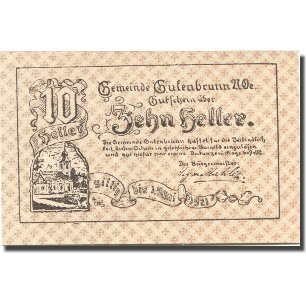 Banknote, Austria, Gutenbrunn, 10 Heller, Eglise, 1921 UNC(63) Mehl:FS 315